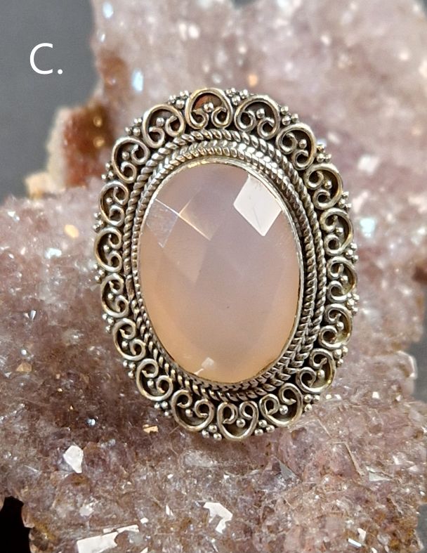 Filigran Ring Silver - Rosenkvarts Oval Cabochon - 4 sorter - 6