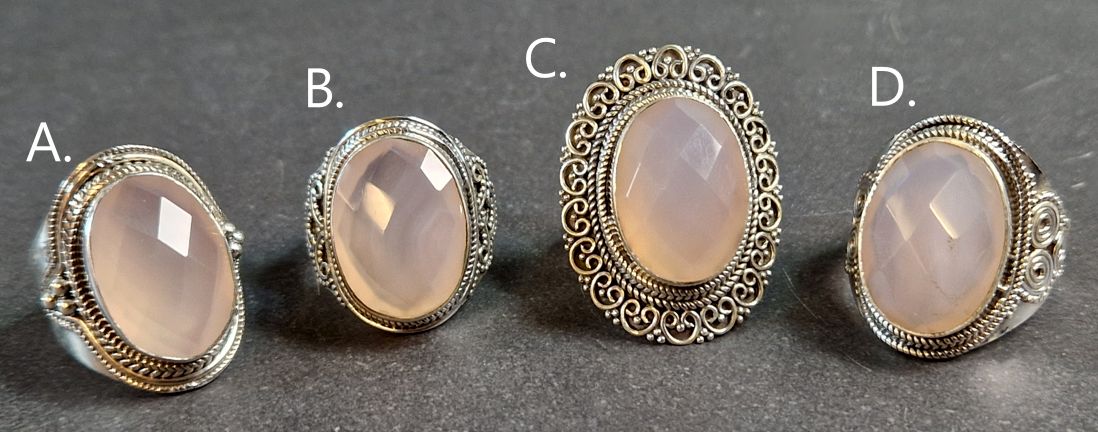 Filigran Ring Silver - Rosenkvarts Oval Cabochon - 4 sorter
