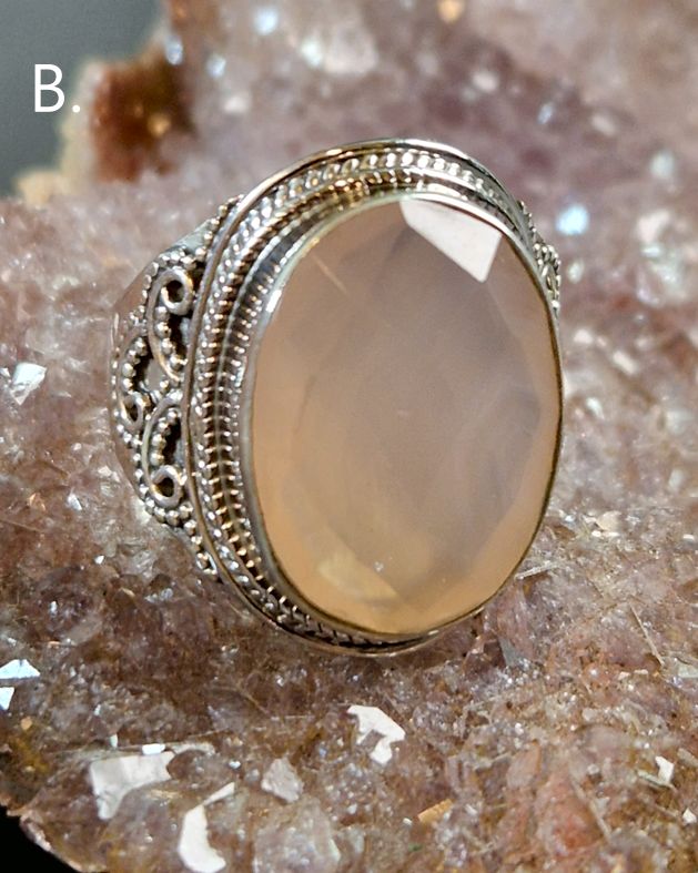 Filigran Ring Silver - Rosenkvarts Oval Cabochon - 4 sorter - 4