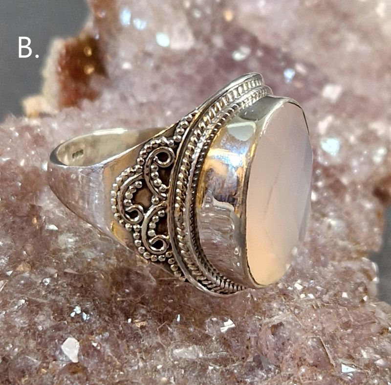 Filigran Ring Silver - Rosenkvarts Oval Cabochon - 4 sorter - 5