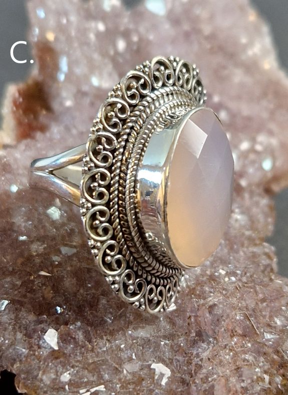 Filigran Ring Silver - Rosenkvarts Oval Cabochon - 4 sorter - 7