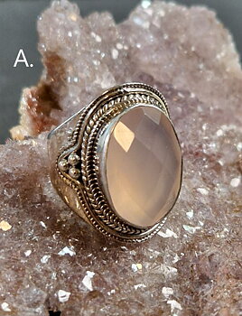 Filigran Ring Silver - Rosenkvarts Oval Cabochon - 4 sorter