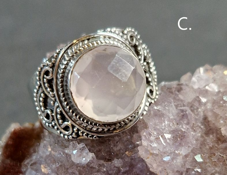 Filigran Ring Silver - Rosenkvarts Cabochon - 4 sorter - 6