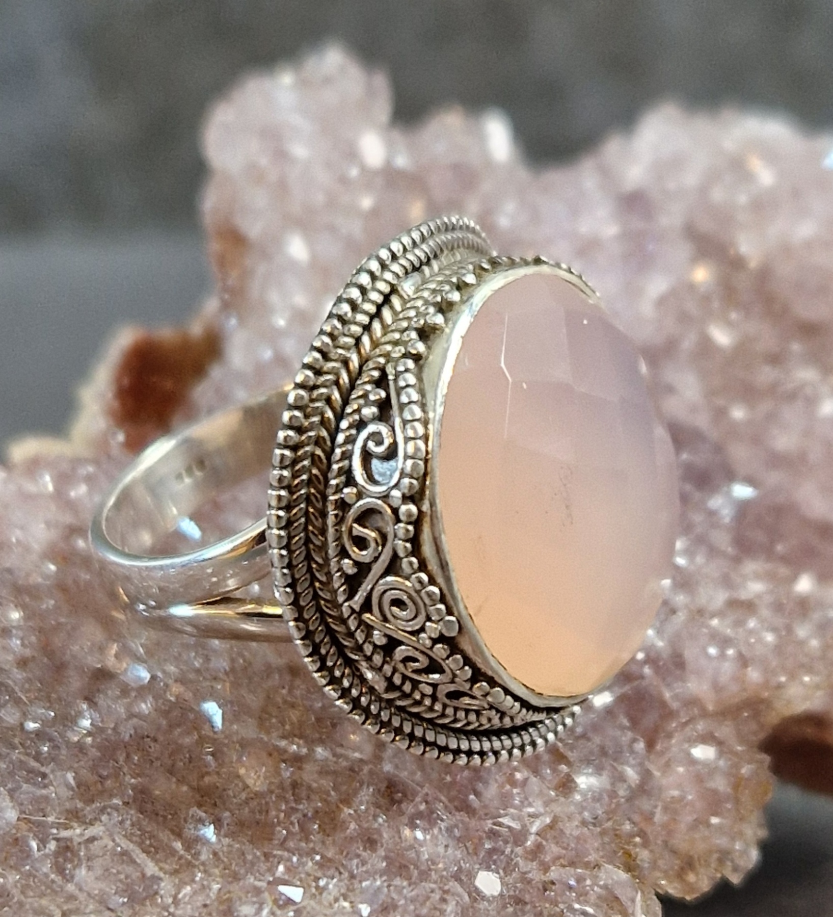 Filigran Ring Silver - Rosenkvarts Cabochon - 4 sorter - 3