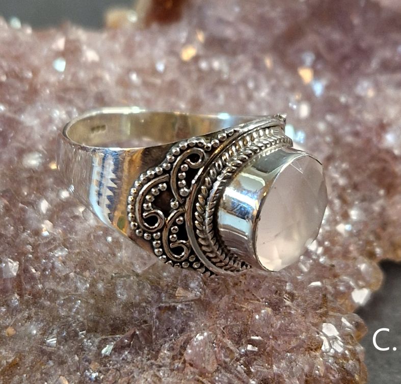 Filigran Ring Silver - Rosenkvarts Cabochon - 4 sorter - 7