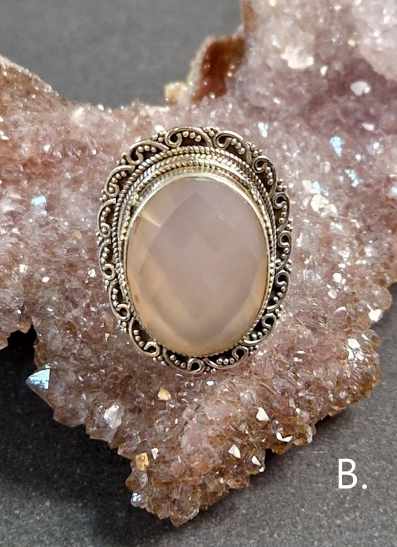 Filigran Ring Silver - Rosenkvarts Cabochon - 4 sorter - 4