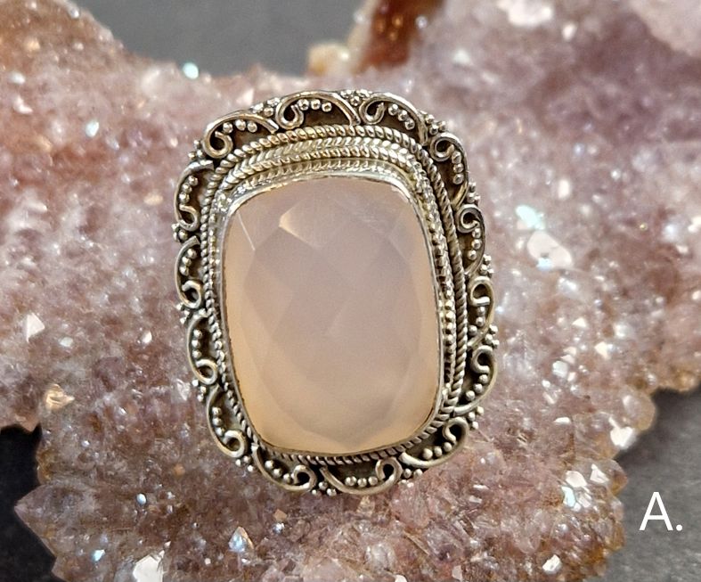 Filigran Ring Silver - Rosenkvarts Rektangulär Cabochon - 2 sorter - 2