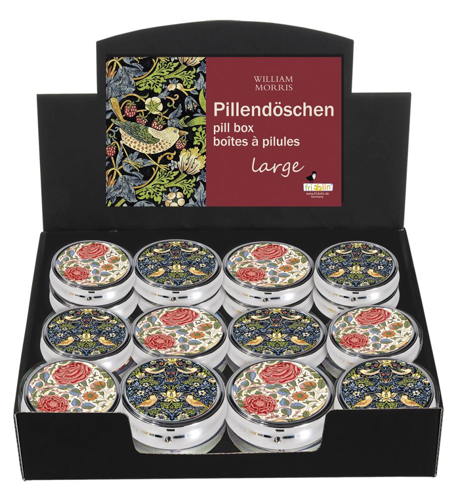 Runde Pilleæsker med spejl, stor, William Morris, Borddisplay med 24 stk.