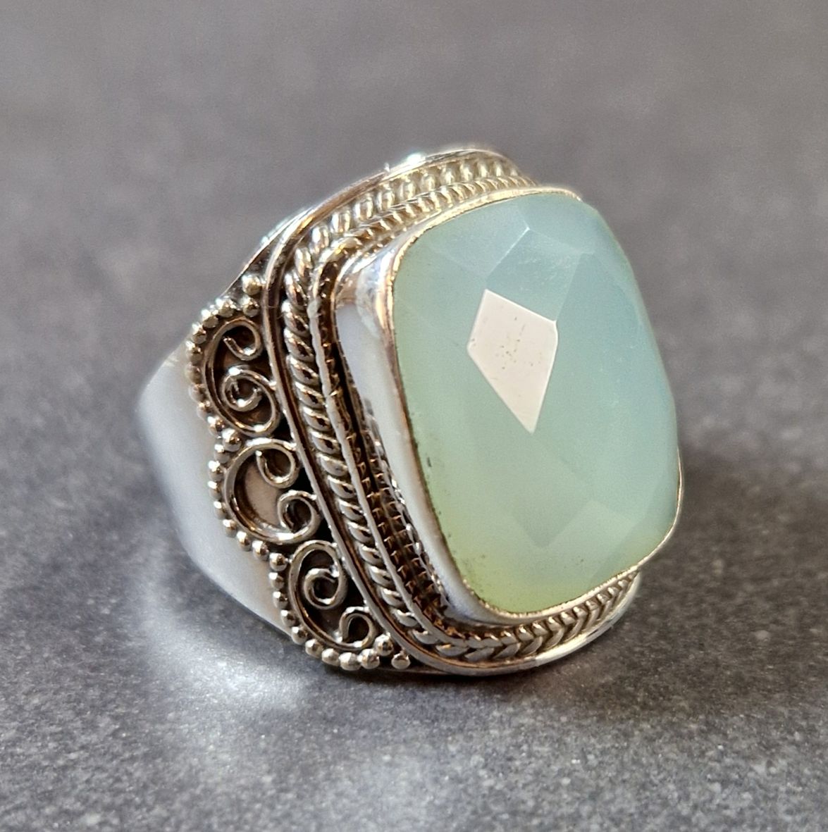 Filigran Ring Silver - Blå Kalcedon Cabochon  - 5