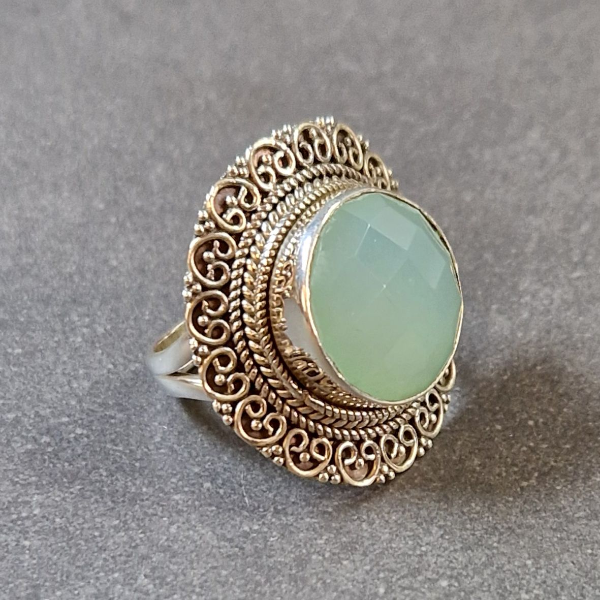 Filigran Ring Silver - Blå Kalcedon Rund Cabochon  - 7