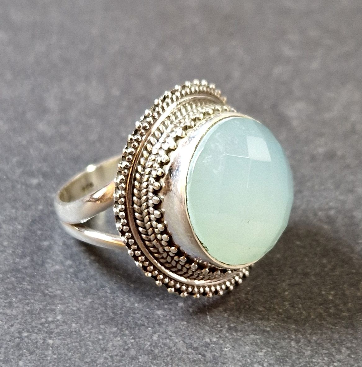 Filigran Ring Silver - Blå Kalcedon Rund Cabochon  - 5