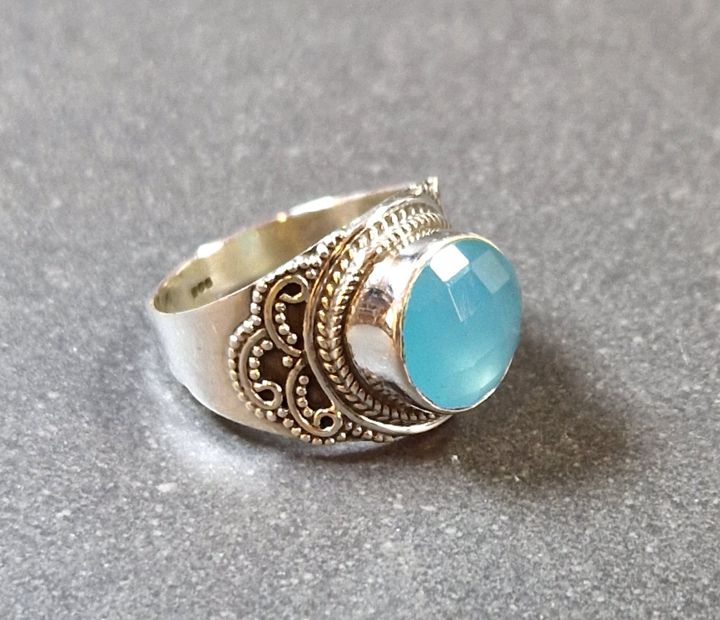 Filigran Ring Silver - Blå Kalcedon Cabochon - 4 sorter - 5