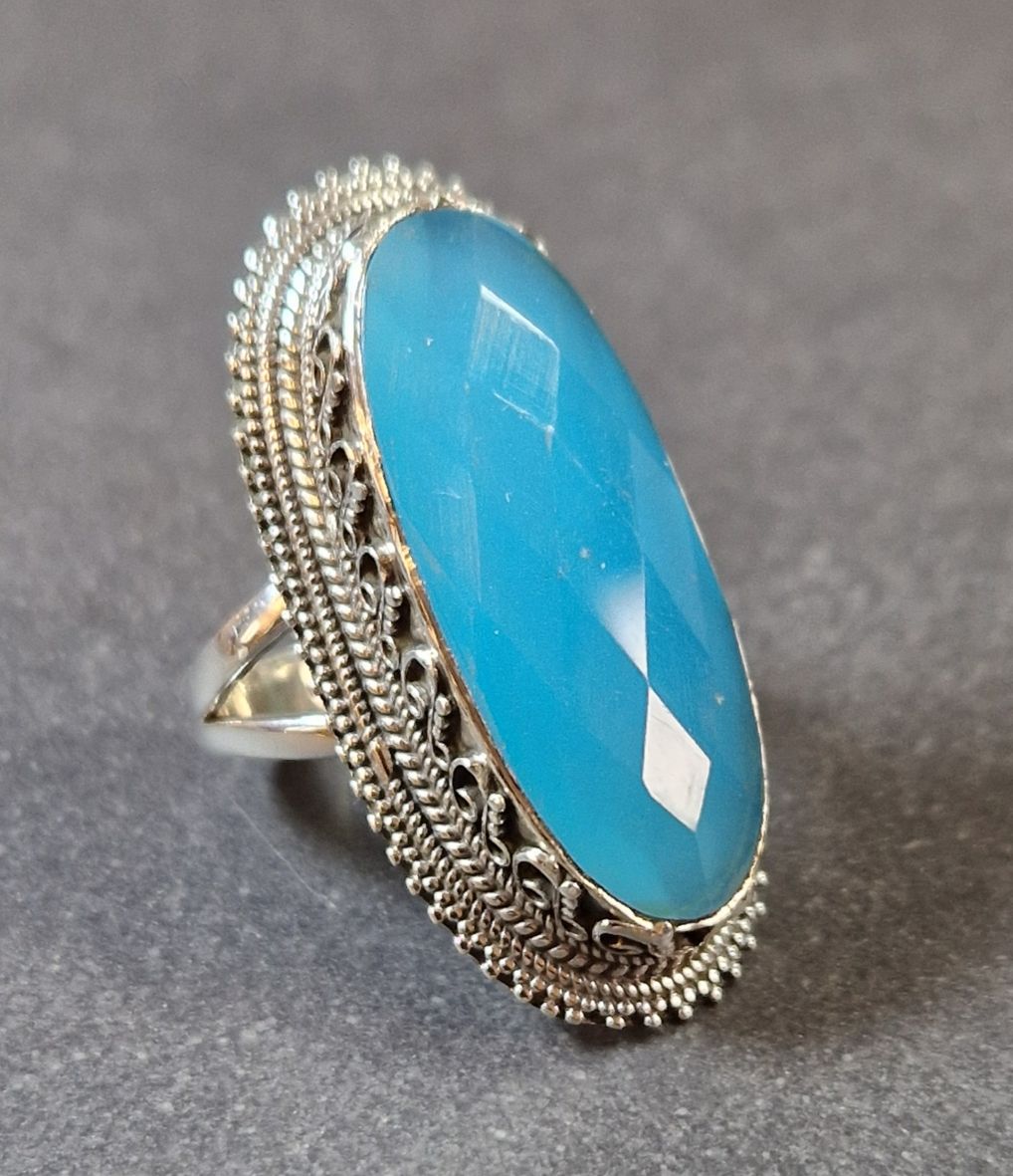 Filigran Ring Silver - Blå Kalcedon Cabochon - 3 sorter - 3