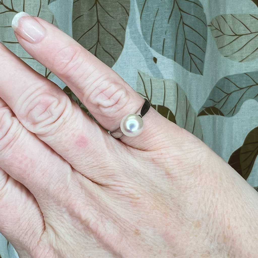 18k valkokultainen sormus suolaveden helmi, Vintage - 7