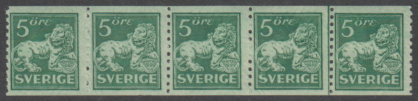 F 140Acx, 5 öre Stående lejon femstrip **