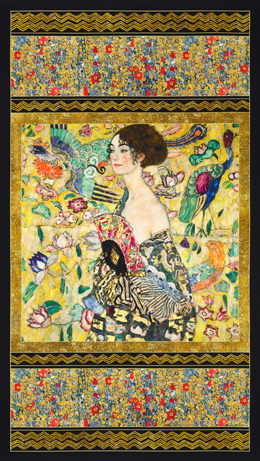 Tygpanel: Abstract Lady - Gustav Klimt - Gold Metallic, 24" x 44" (ca 60 x 110 cm).