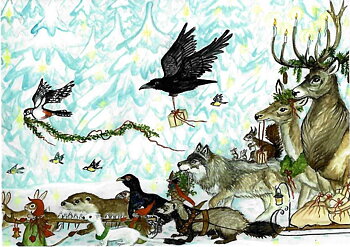 Julkort "Djurens jul i skogen"