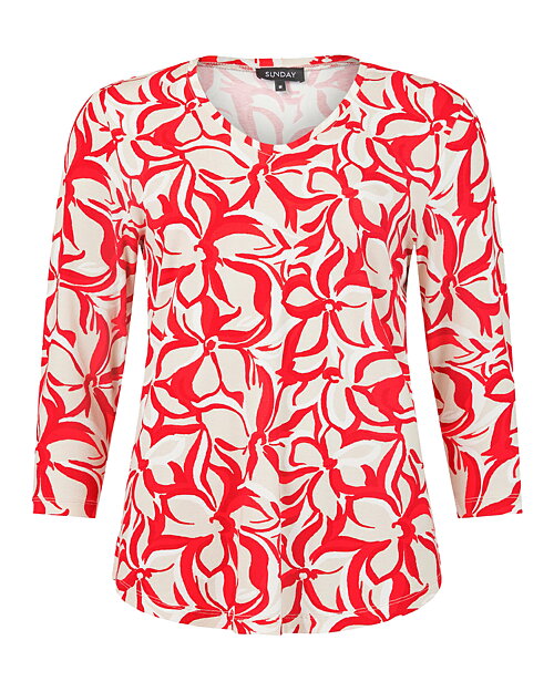 Topp v-ringad blommig röd/beige/vit