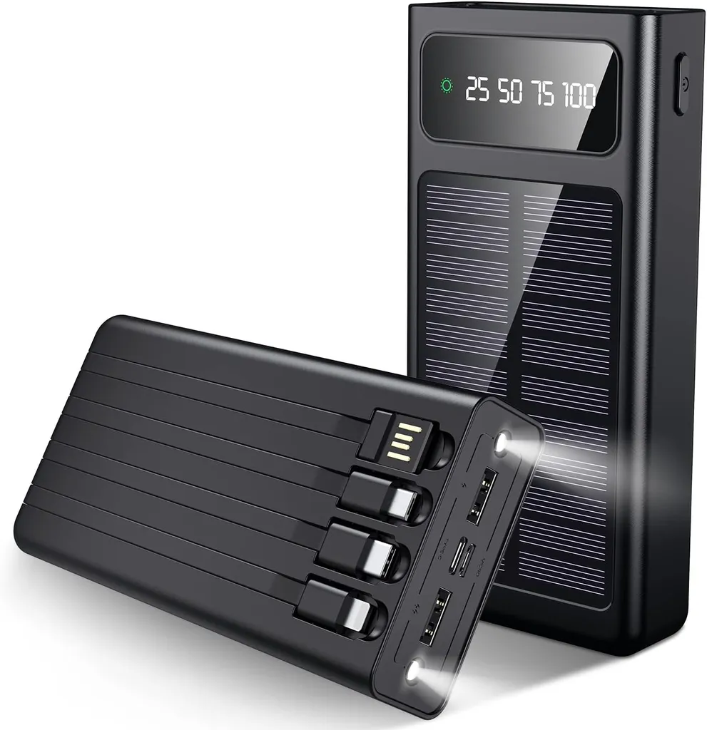 SiGN Solar Powerbank med Inbyggd Kablar, 20000mAh - Svart