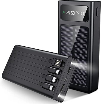 SiGN Solar Powerbank med Inbyggd Kablar, 20000mAh - Svart