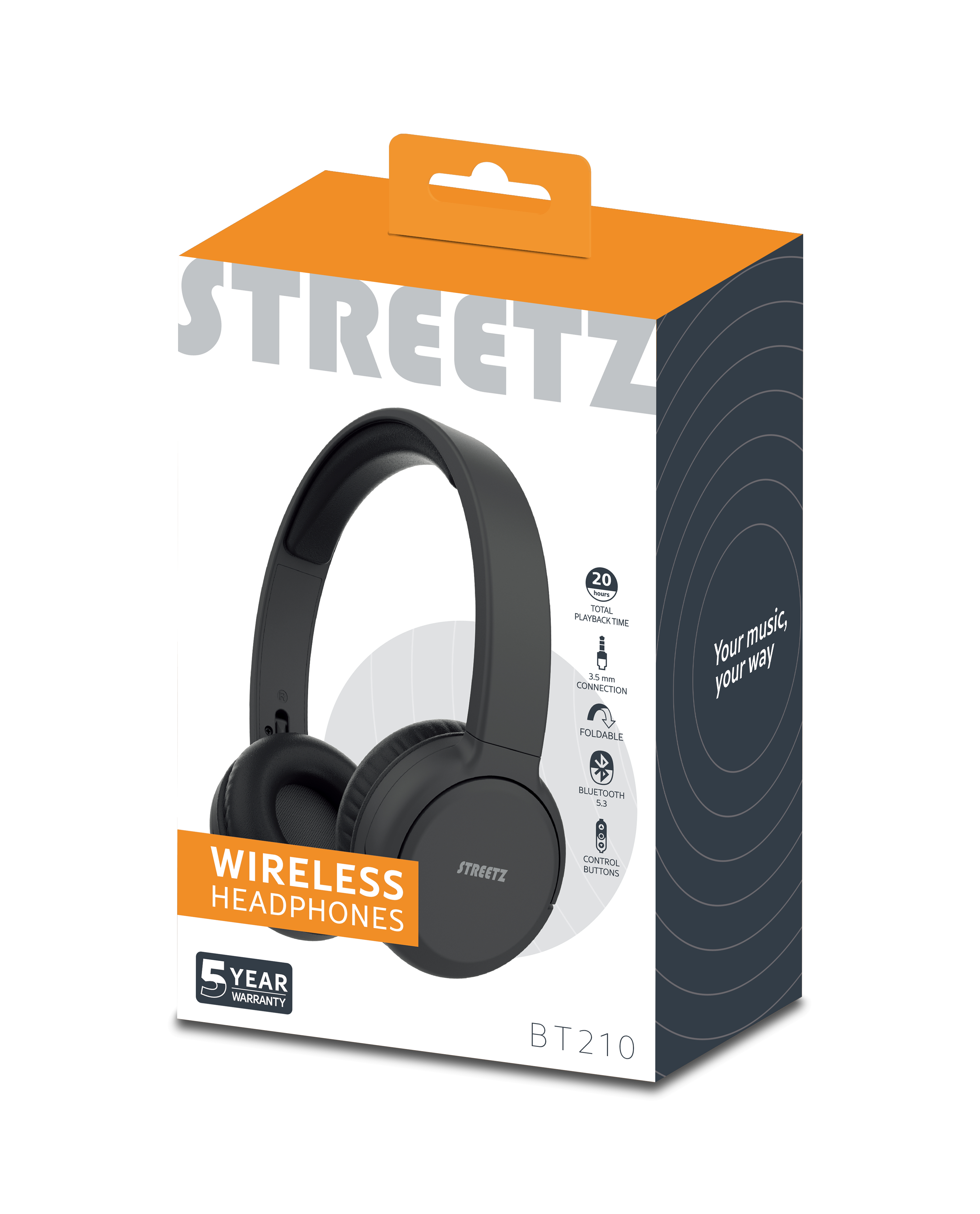 STREETZ BT210 Bluetooth-hörlurar, mikrofon, hopfällbara, svarta - 5
