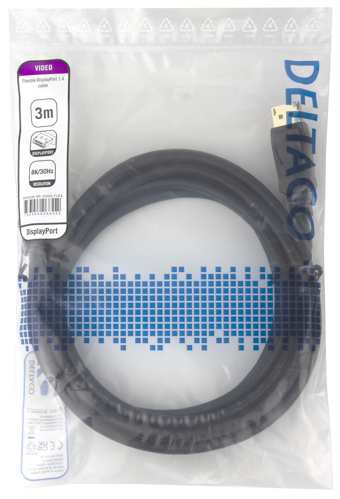 Deltaco DisplayPort, 8K, DP1.4 Flex-kabel, 3 m, svart - 4