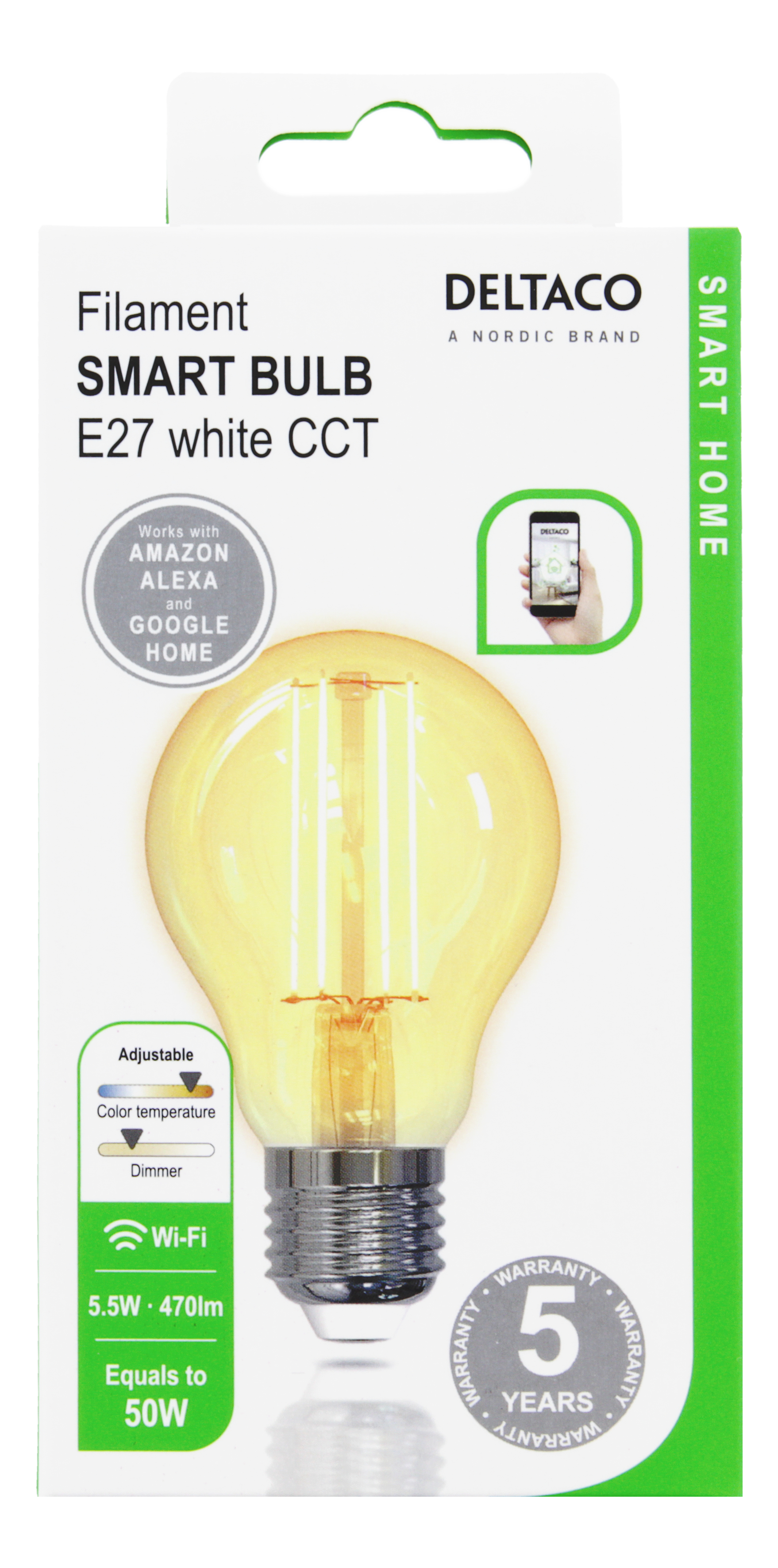 Deltaco Smart Home, Fillament LED-lampa, E27, WiFI, 5.5W - 4