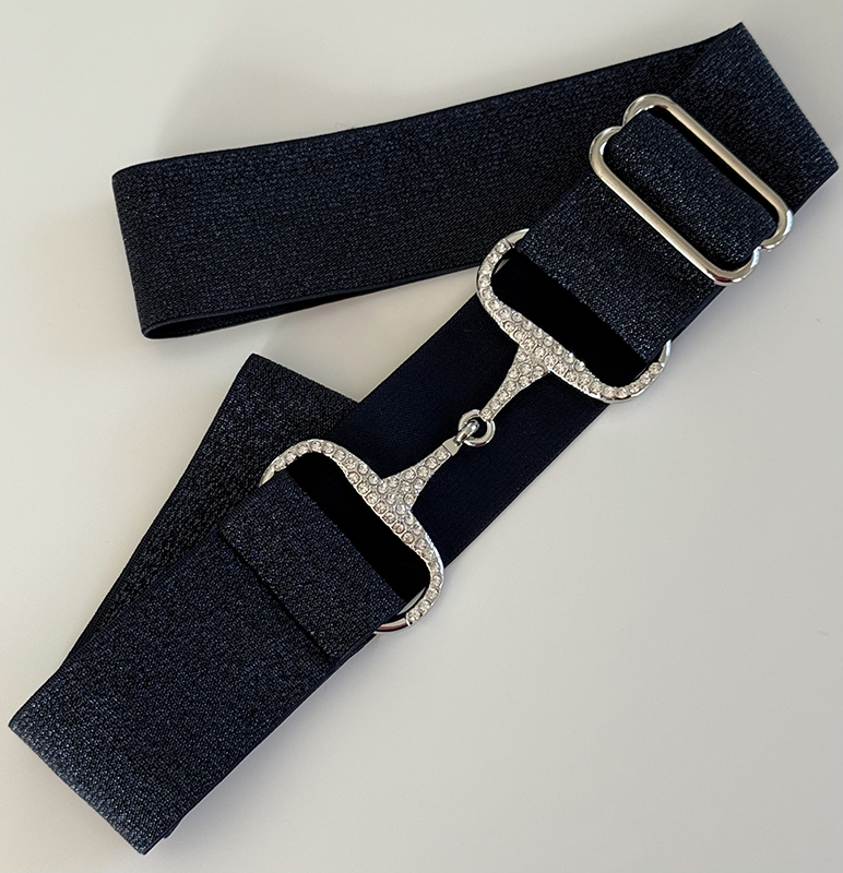 RHINESTONE BELT SPARKLY HORSEBIT NAVY, silver buckles