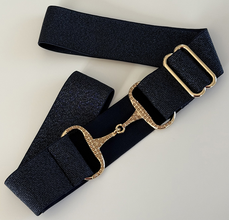 RHINESTONE BELT SPARKLY HORSEBIT NAVY, gold buckles