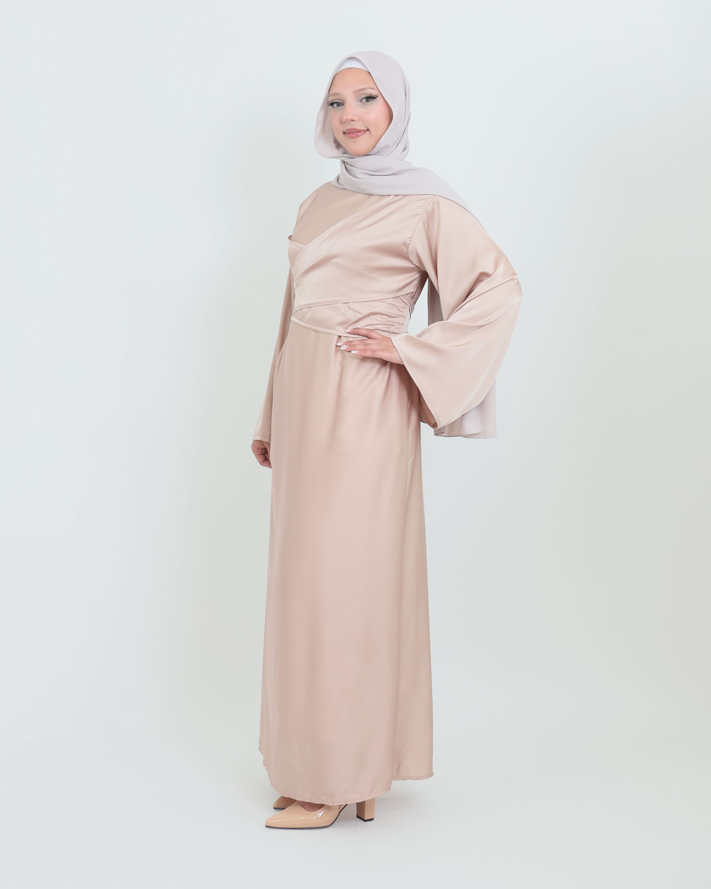 Maxi Dress in Satin - Beige - 3