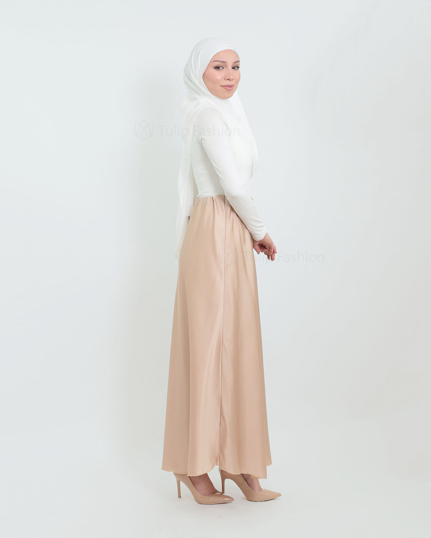 Kjol i Satin - Beige - 4
