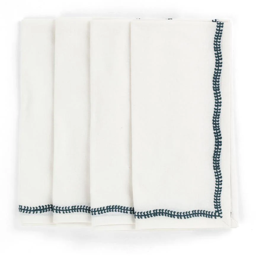 Napkins White - Embroidery - True Navy 4-pack 50x50