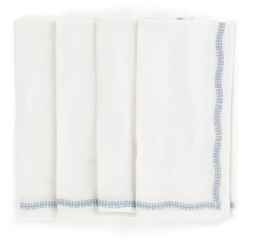 Napkins White - Embroidery - Dusty blue 4-pack 50x50