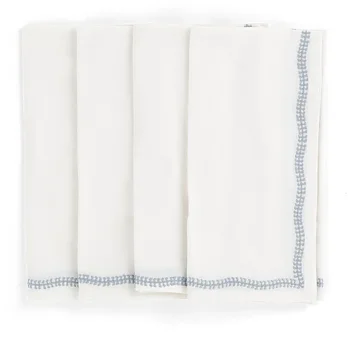 Napkins White - Embroidery - Dusty blue 4-pack 50x50