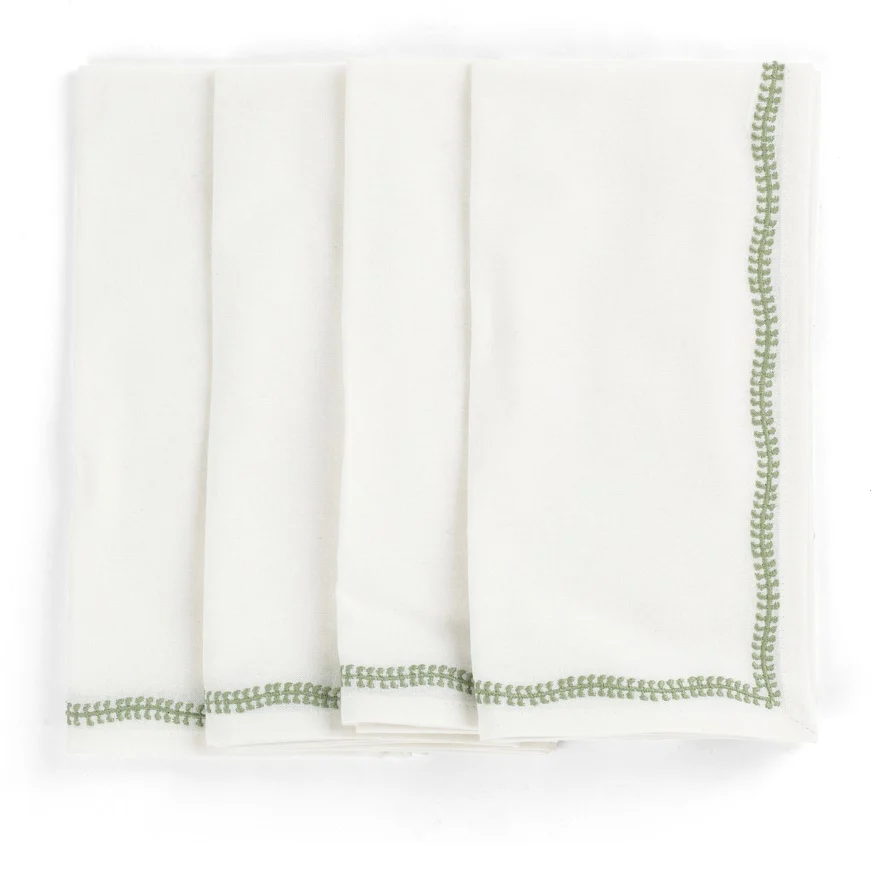 Napkins White - Embroidery - Green tea- 4-pack 50x50