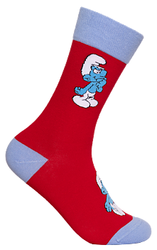 Röda strumpor med Smurf på vrist och tå
