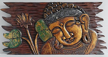 Tavla i trä / Väggdekoration - Buddha och Lotus, Guld