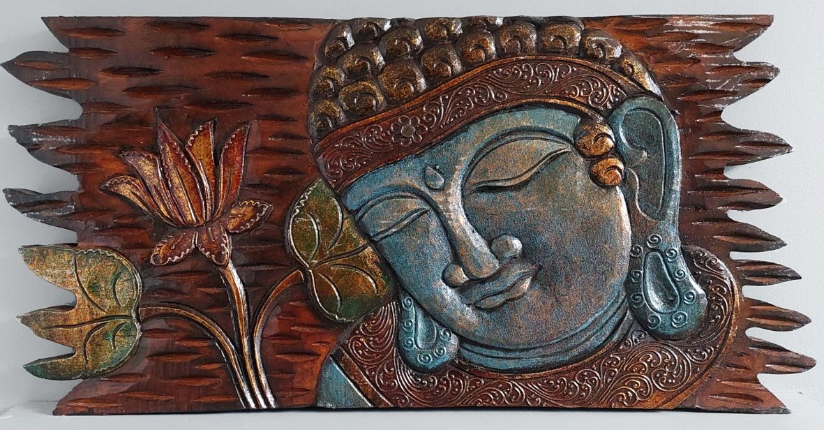 Tavla i trä / Väggdekoration - Buddha och Lotus, Blå