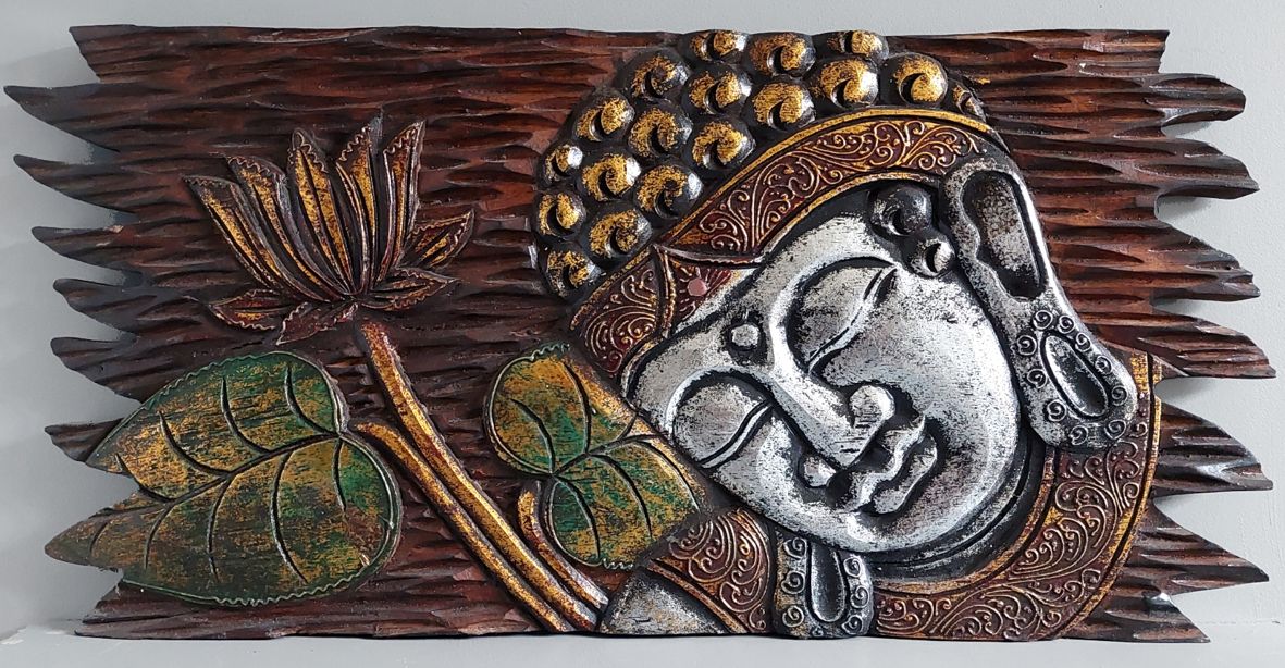 Tavla i trä / Väggdekoration - Buddha och Lotus, Silver