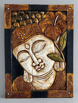 Tavla i trä / Väggdekoration - Buddha med blomma och speglar, Vit/Guld