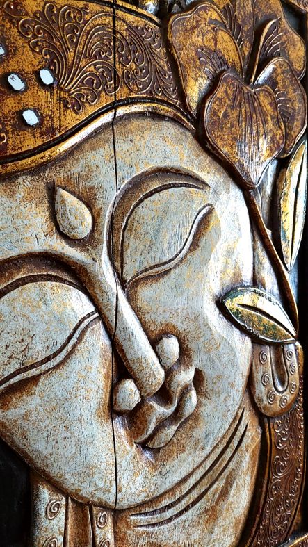 Tavla i trä / Väggdekoration - Buddha med blomma och speglar, Vit/Guld - 2