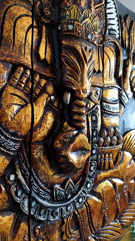 Tavla i trä / Väggdekoration - Ganesha med speglar, Röd/Guld - 2