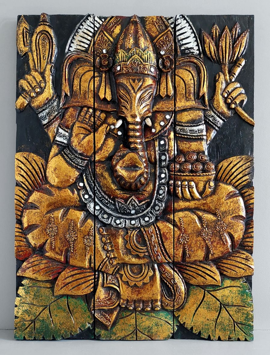 Tavla i trä / Väggdekoration - Ganesha med speglar, Röd/Guld