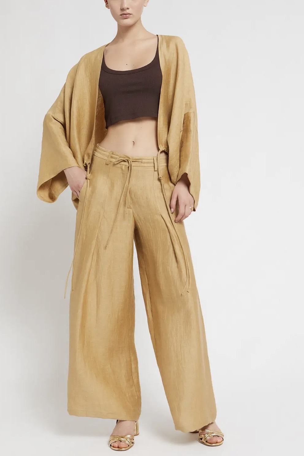 OttodÁme -  Satin Linen Palazzo Trousers Sabbia - 2