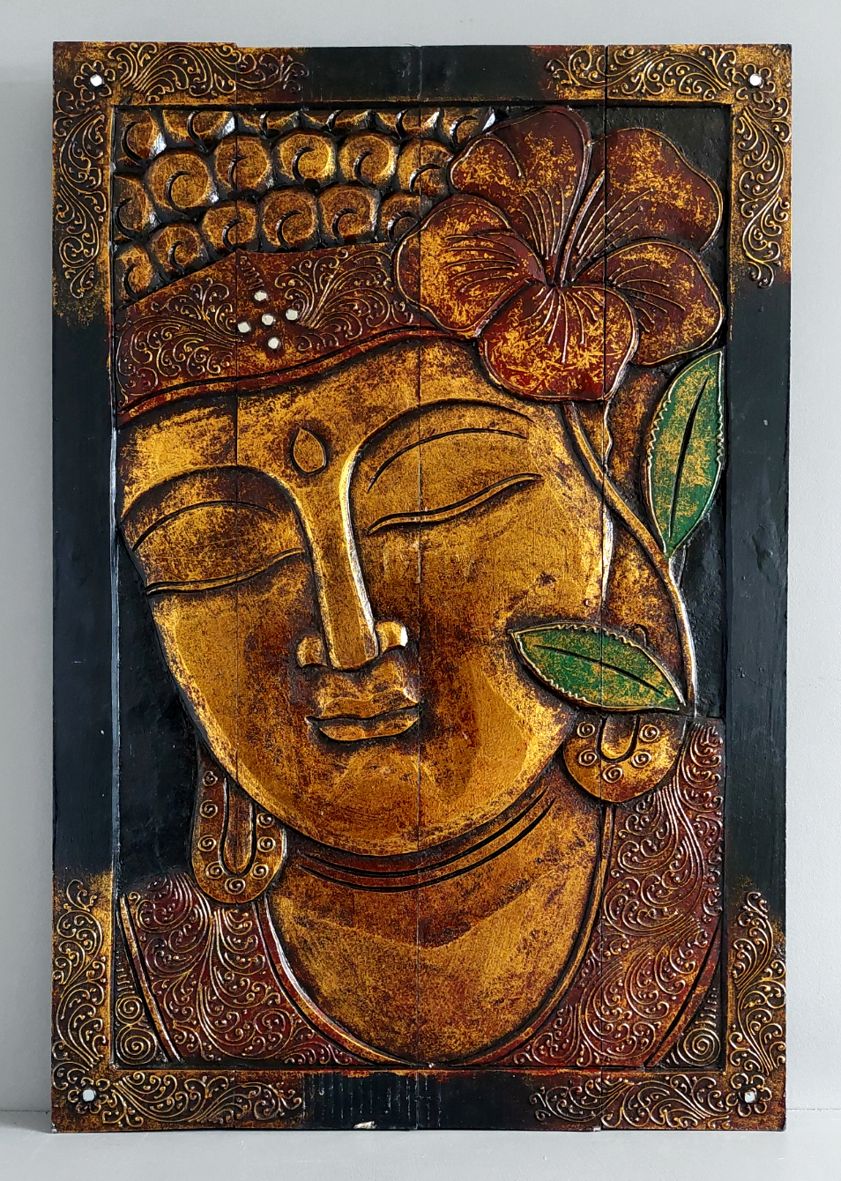 Tavla i trä / Väggdekoration - Buddha med blomma och speglar, Guld