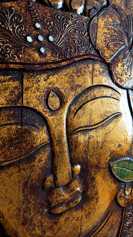 Tavla i trä / Väggdekoration - Buddha med blomma och speglar, Guld - 2