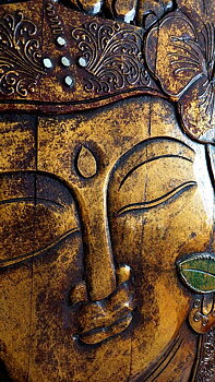 Tavla i trä / Väggdekoration - Buddha med blomma och speglar, Guld