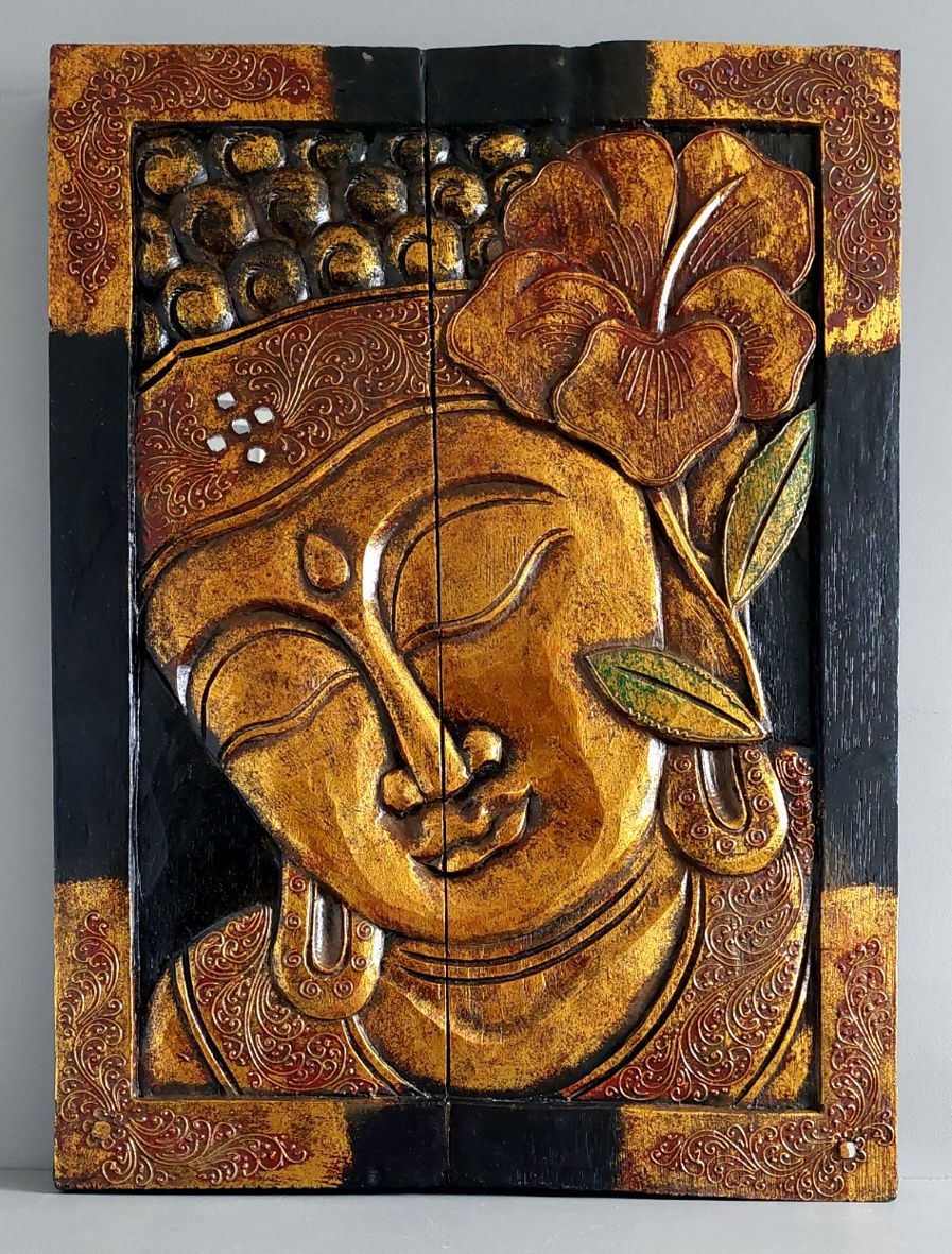 Tavla i trä / Väggdekoration - Buddha med blomma och speglar, Guld
