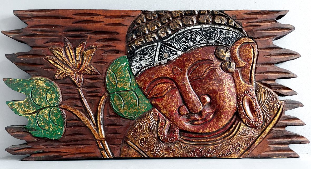 Tavla i trä / Väggdekoration - Buddha och Lotus, Röd