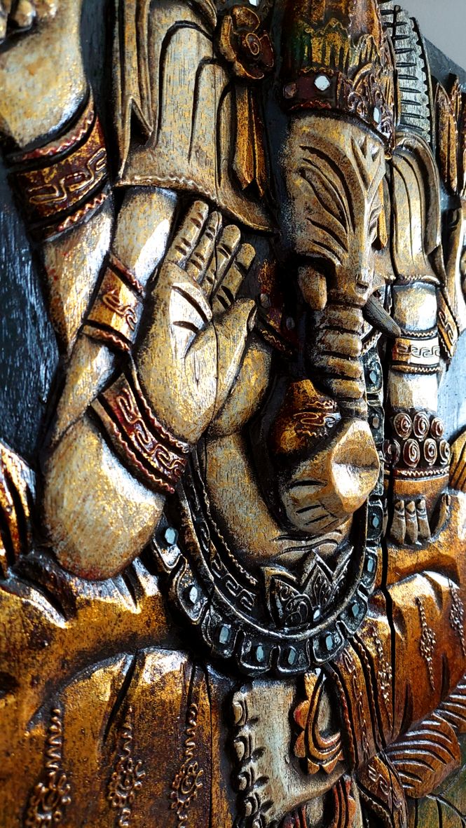 Tavla i trä / Väggdekoration - Ganesha med speglar, Vit/Guld - 2